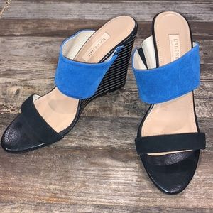 NEW L’Agence Strappy Wedge Striped Heel Blue & Black Suede 9.5 NWOB